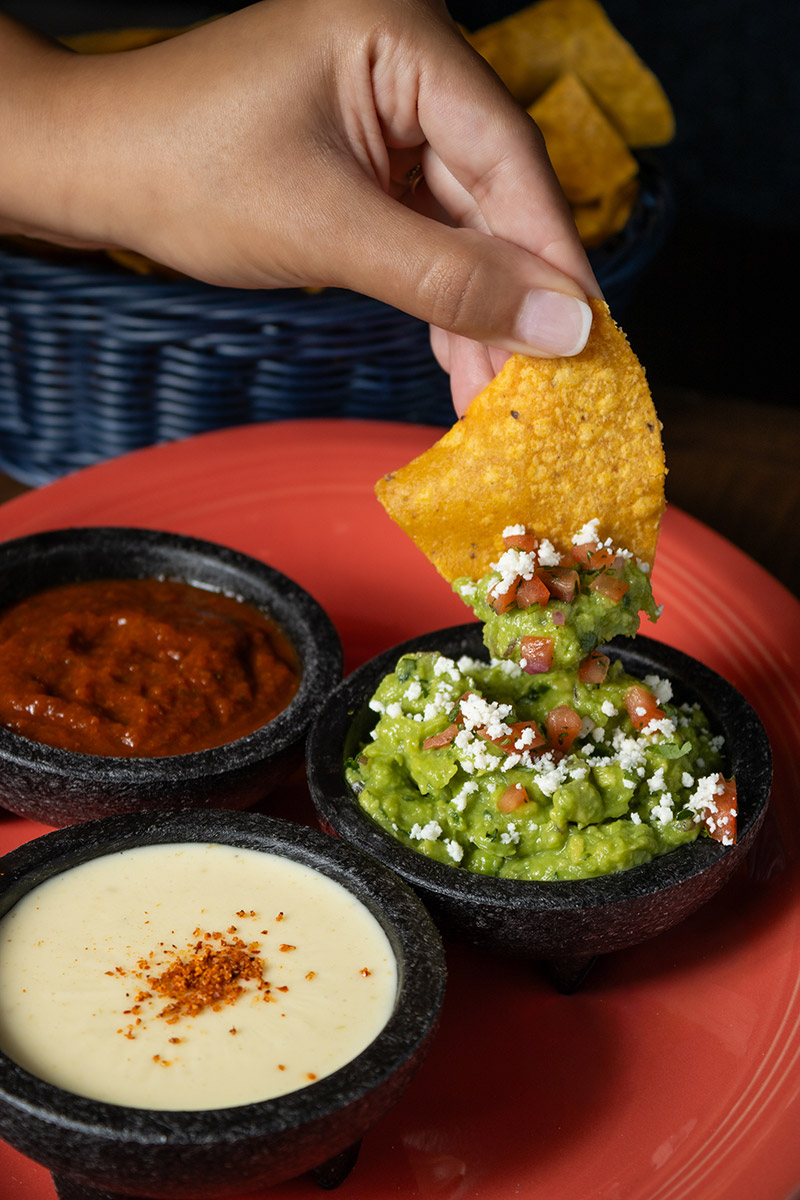 Tortilla chip dipped into guacamole with queso and salsa served on the side.